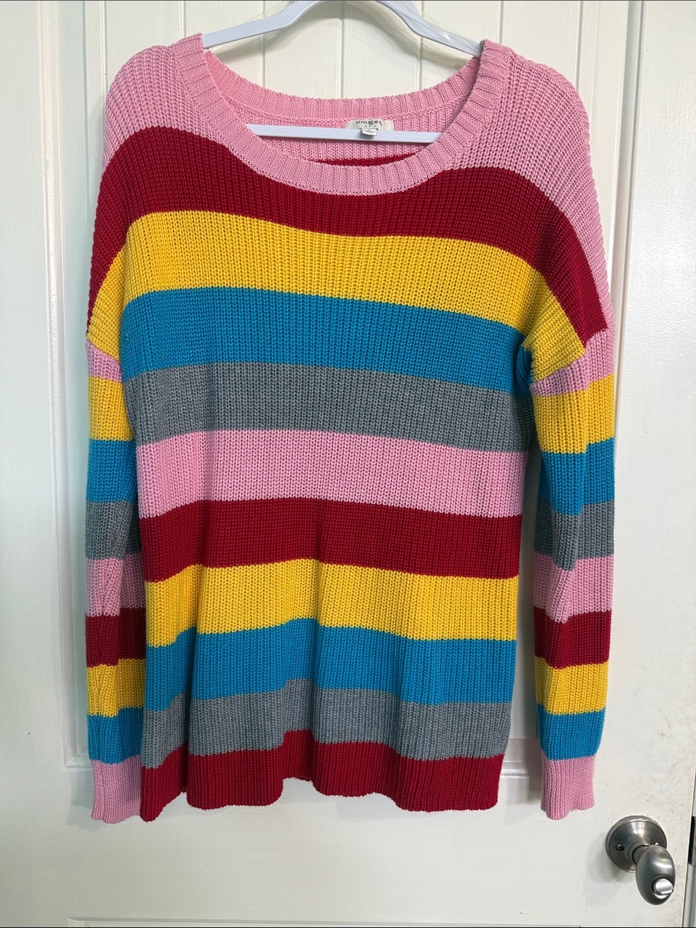 Umgee Rainbow Striped Crewneck Sweater in Pink, Yellow & Blue